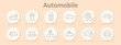 © Anastasia - Automobile icons set. Fire, map, luggage, globe, announcement, electric, bumper, certificate, shield, charging, target. Line icons on beige background
