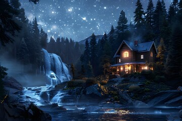 Wall Mural - a house in the woods with a waterfall and a stunning night sky