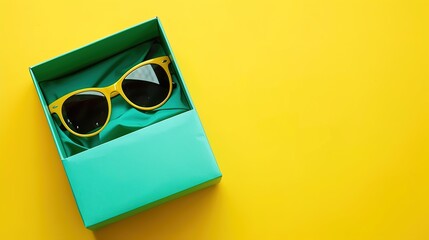 Wall Mural - Retro sunglasses in a vibrant green gift box on a solid yellow background.