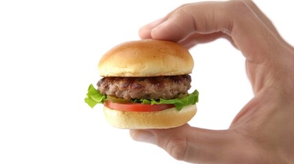 Wall Mural - Mini burger being held by hand portraying small serving size White background close up shot with blurred effect Opportunity for additional text