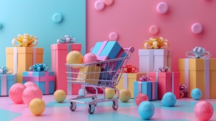 Wall Mural - Shopping Cart Full of Gifts on a Colorful Background