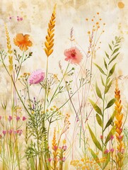 Poster - A watercolor painting of wildflowers and grasses in a summer meadow. Perfect for a rustic and natural feel. Generative AI