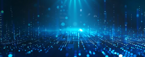 Poster - futuristic digital landscape with glowing lines and dots on a blue background