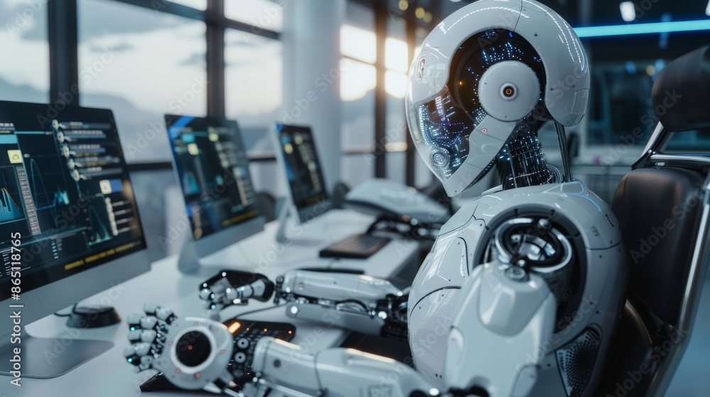 Advanced robot working at a computer desk in a modern office ...