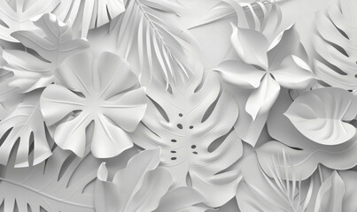 Wall Mural - 3D wallpaper with white paper cut out plants and leaves, white background