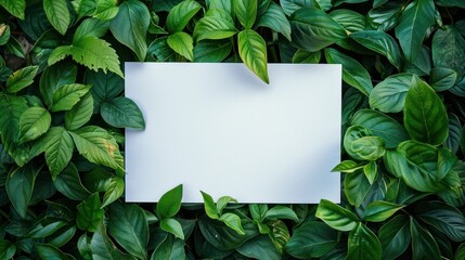 Wall Mural - top-down view, white paper put on green leaves
