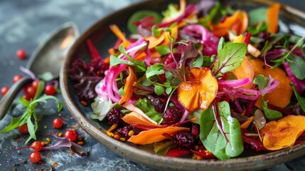 Poster - A colorful mix of foraged root vegetables and pickled wild berries add a unique twist to this refreshing salad.