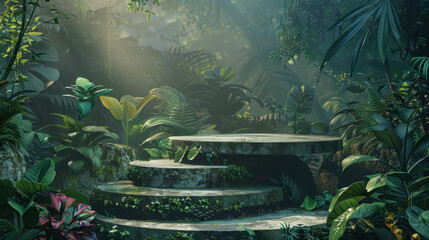 Wall Mural - 3D podiums high up in a forest canopy, surrounded by lush foliage and wildlife