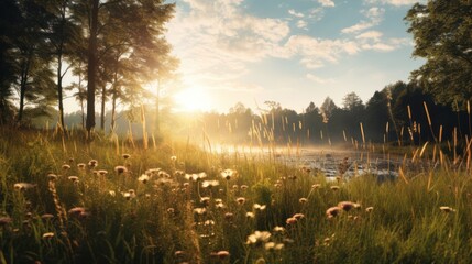 Wall Mural - Sun-drenched meadow in summer, golden light 
