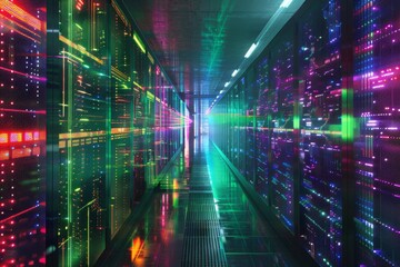 Aufkleber - Rows of vibrant lights illuminate a lengthy hallway, creating a visually striking scene, A visualization of secure data transmission through the internet