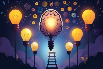 Sticker - Bright Idea Concept Art with Illuminated Light Bulbs, Abstract, Creative Inspiration, Colorful Background, Digital Illustration, Artistic Expression, Light and Shadow, Thought Process, Innovation