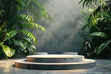 Empty round concrete podium in a tropical jungle for product placement.  Concept of nature, sustainability, and eco-friendly products.