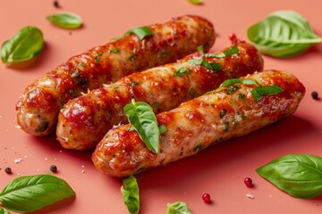 Baked Sausages with Mozzarella cheese, red background 