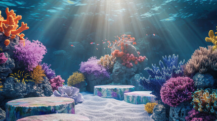 Wall Mural - 3D podiums in an underwater world with colorful corals and marine life