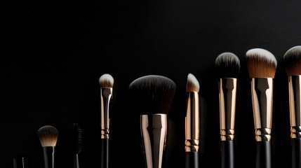 Wall Mural - Professional female cosmetics brushes for makeup and eyelash brush displayed on black background with copy space