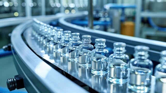 Rows of glass vials on a conveyor belt in a state-of-the-art pharmaceutical production facility, modern medical tube production