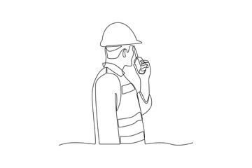 Continuous one line drawing a mining supervisor uses a hand radio to communicate. Woman digging and mining for treasure chest in underground tunnel. Single line draw design vector