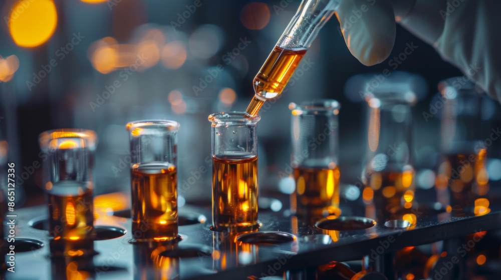 Lab scene with gloved hand handling test tube and orange liquid in ...