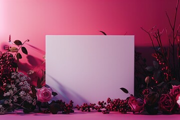 Wall Mural - Minimalist White Box Mockup in Studio Setting with Dark Rose Pink Background and Floral Accents