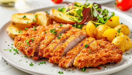 A plate with fried pork chops, potatoes, and salad looks appetizing and delicious