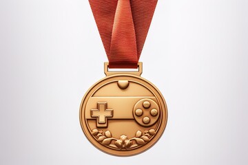 Gold medal with red ribbon first place vector illustration. Realistic isolated trophy medal with metal reward badge for winners and champions.