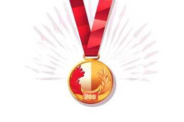 Gold medal with red ribbon first place vector illustration. Realistic isolated trophy medal with metal reward badge for winners and champions.