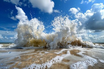 Wall Mural - A wave forcefully crashes into the sandy beach, creating a foamy spray, A wave breaking into foamy spray