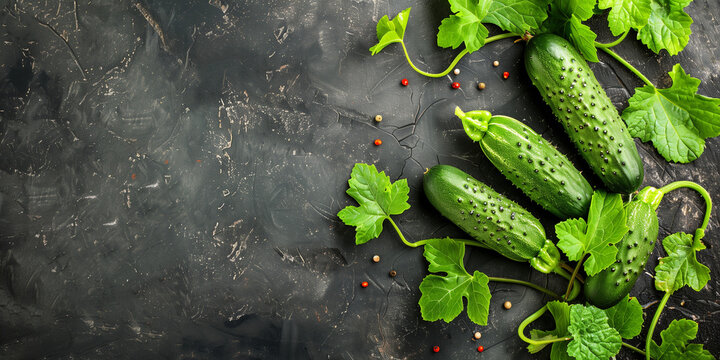 A group of fresh cucumbers with green leaves and scattered spices on a dark textured surface, illustrating the raw ingredients in a natural and rustic setting.