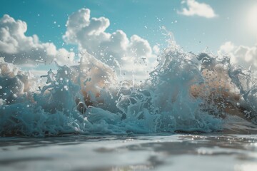 Poster - A large wave crashes into the ocean, creating foamy spray on a sunny day, A wave breaking into foamy spray