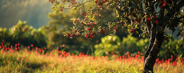 Red apples growing on an apple tree in a sunny orchard during summer day
