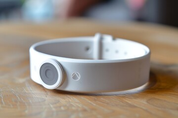 Poster - A smart watch resting on top of a wooden table, showcasing modern technology and simplicity, A wearable device that tracks health metrics and provides personalized recommendations