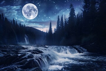 Wall Mural - a river flowing over rocks in the forest with amazing space sky and moon at night