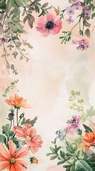 Wall Mural - Watercolor postcard template with flowers around the edges and space in the middle.