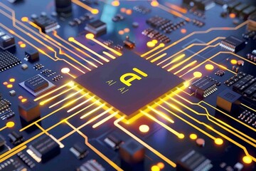 Wall Mural - Advanced AI Microchip on Circuit Board, High tech Digital Innovation, Yellow Glow, Futuristic Technology, Artificial Intelligence Integration, Concept Art