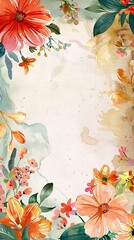 Wall Mural - Watercolor postcard template with flowers around the edges and space in the middle.