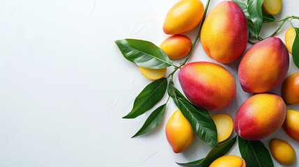 Wall Mural - Mangoes and Green Leaves on a White Background