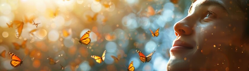 A person enjoys a serene moment in nature, surrounded by beautiful butterflies and bathed in warm, golden sunlight, conveying peace and happiness.