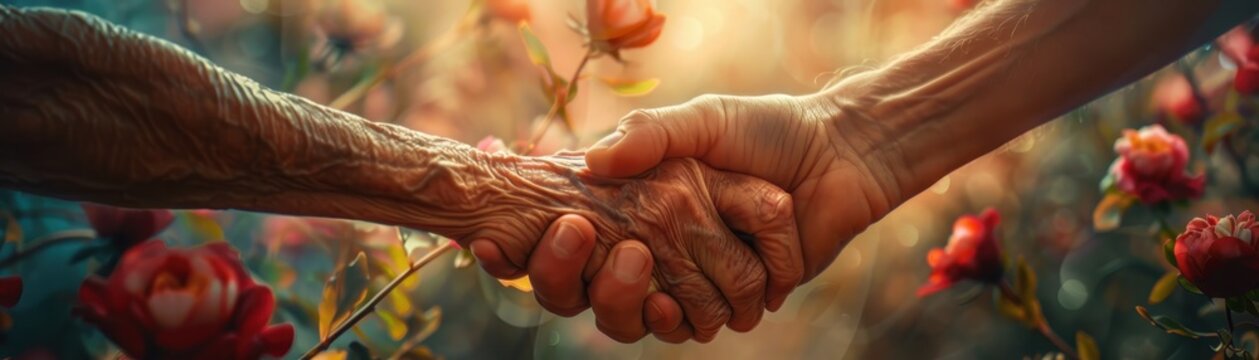close-up of two hands holding, symbolizing support, kindness, and connection, against a floral backg