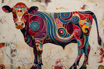 Poster - Colorful cow with swirls and geometric patterns painted on a wall, A whimsical cow with colorful swirls and geometric shapes covering its body