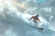 © Iftikhar alam - A man in action snowboarding down a snow-covered slope on a winter day, A whimsical depiction of a snowboarder riding through a blizzard