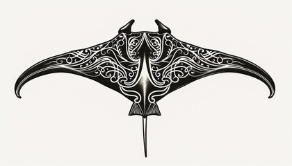 the stingray is depicted in black and white with a tribal design, emphasizing its features