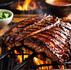 A close-up shot of succulent BBQ ribs, glistening with a sticky glaze and charred edges, on a smoky grill.