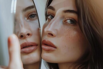 Wall Mural - A woman looking into a mirror with a before and after comparison of her nasal lips showcasing the confidence boost and enhanced appearance from the filler injections