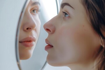 Wall Mural - A woman looking into a mirror with a before and after comparison of her nasal lips showcasing the confidence boost and enhanced appearance from the filler injections