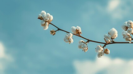 Canvas Print - Cotton branch in bloom with blue sky background Organic fiber for fabric production Room for text