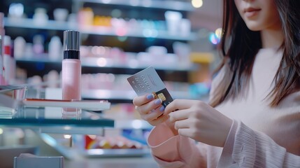 Aufkleber - Woman shopping or pay for beauty product online on internet marketplace browsing for sale cosmetic as modern lifestyle and credit card for online payment from wallet by prim cyber secu : Generative AI