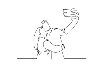 Wall Mural - Single one line drawing of A couple takes photos together while making out. Couple in love spending time together. Happy family concept. Modern continuous line draw design graphic vector illustration