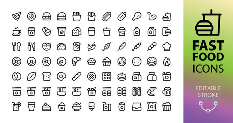 fast food ui icons for app and web project. set of fast food combo, pizza slice, burger, hot dog, dr