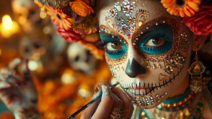 Dia De Los Muertos, La Catrina Makeup Portrait: A close-up of a woman with intricate Catrina makeup, adorned with vibrant flowers in her hair and traditional Mexican attire.
