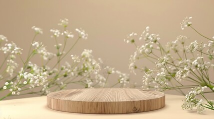 Aufkleber - Empty round wooden podium for product presentation or cosmetics  gypsophila flowers on  background  Mock up concept : Generative AI